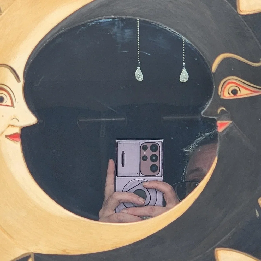 Vintage Hand Carved Celestial Sun Moon Mirror Bali Folk Art Wall Decor Eclectic
